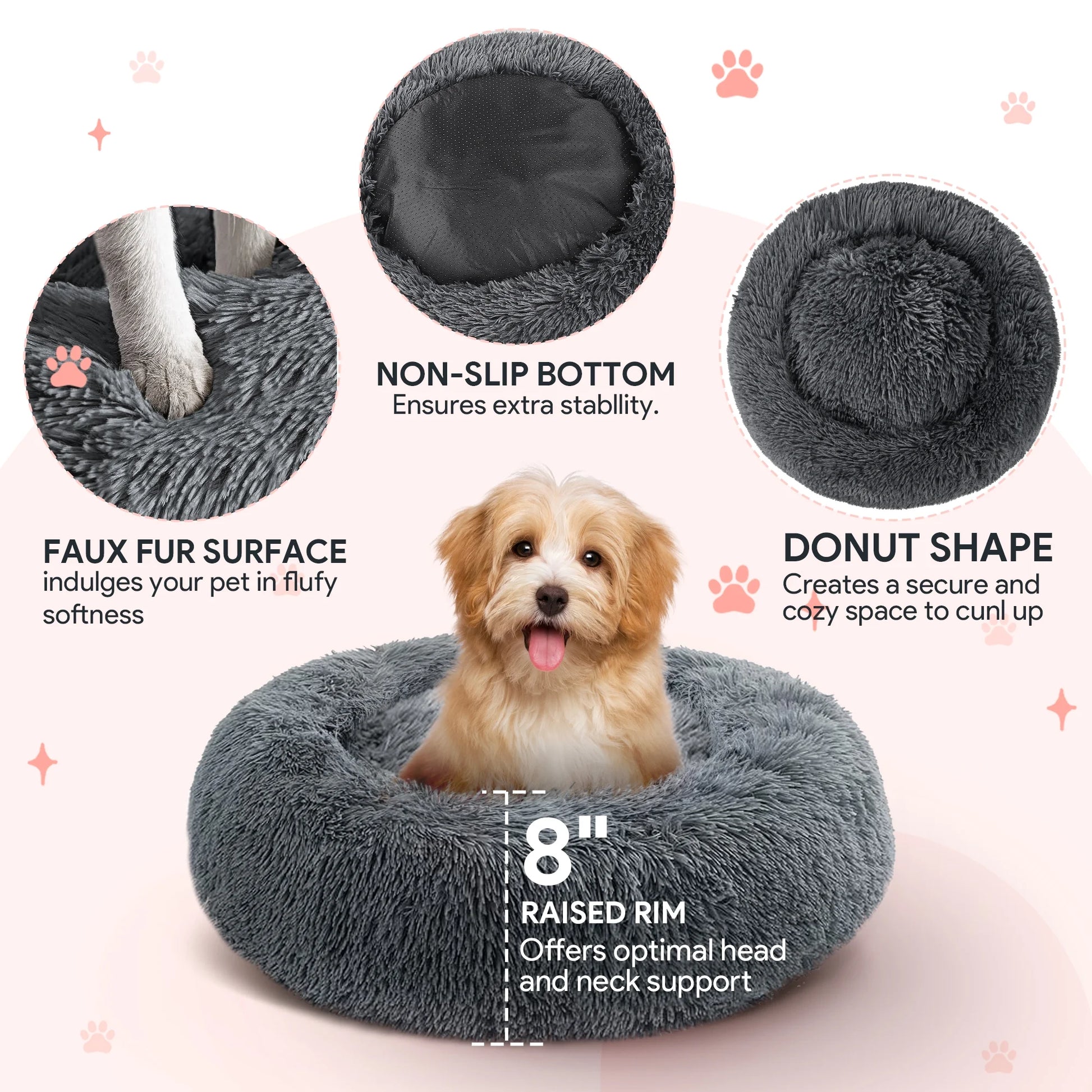 24" Calming Dog Bed for Medium Small Dogs, Donut Plush Pet Bed, Anti-Anxiety Cuddler Cozy Soft Cat Bed