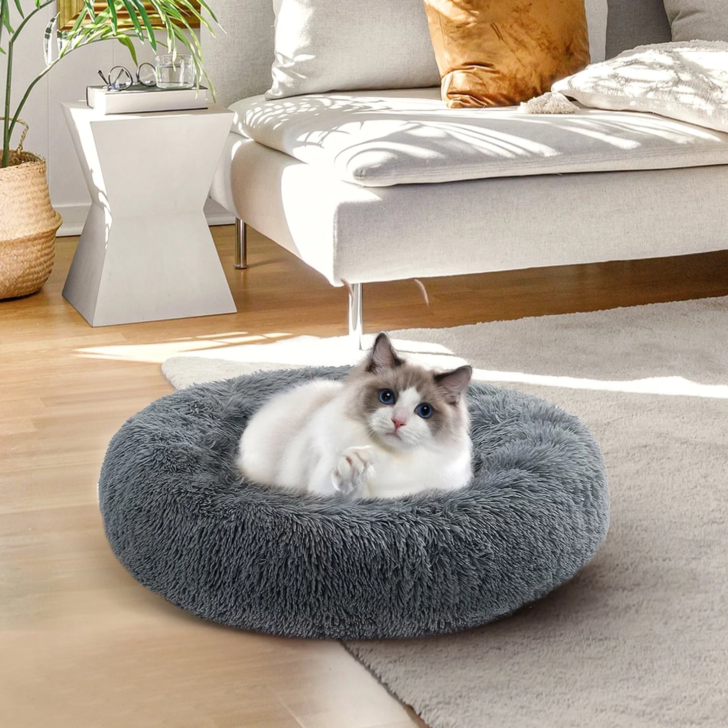 24" Calming Dog Bed for Medium Small Dogs, Donut Plush Pet Bed, Anti-Anxiety Cuddler Cozy Soft Cat Bed