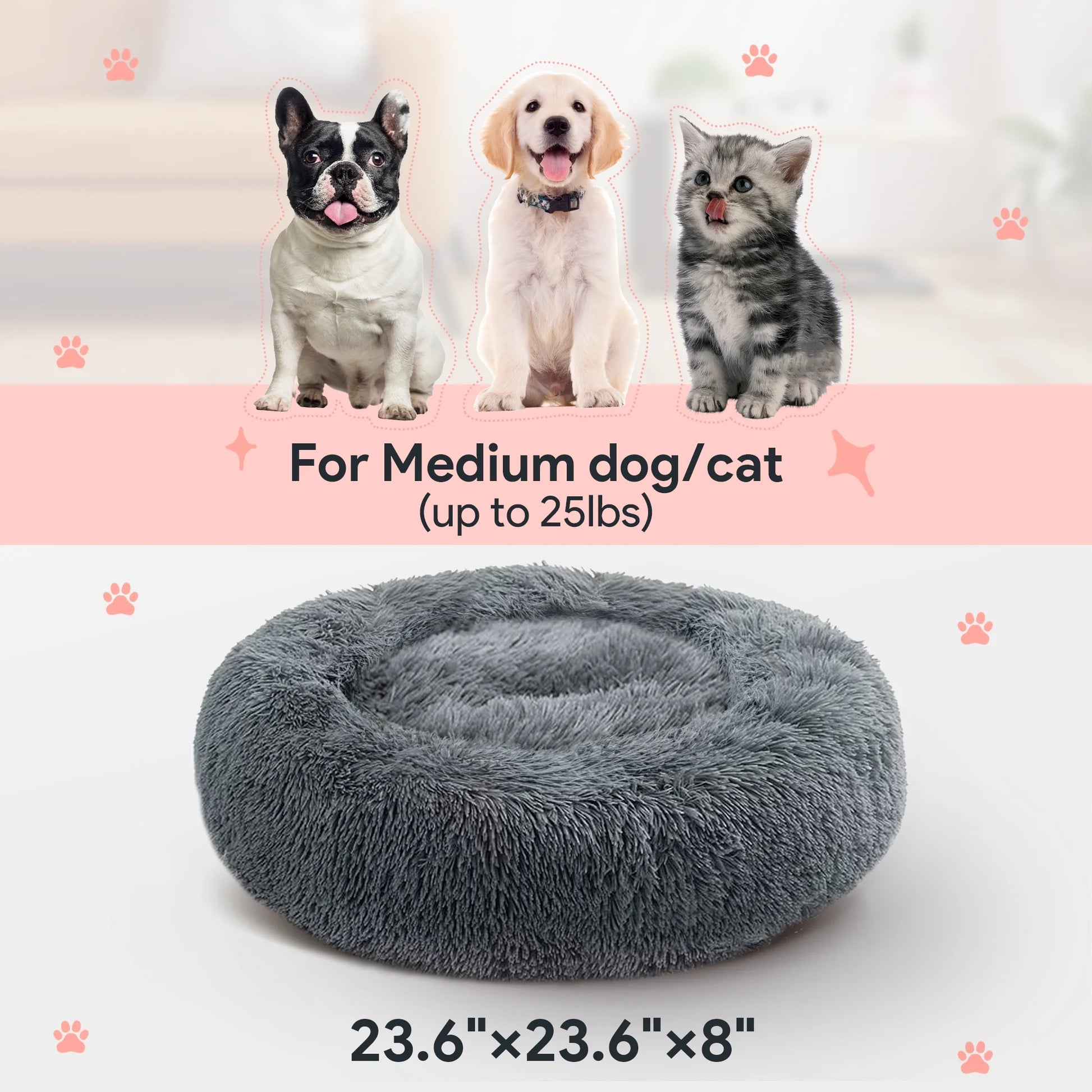 24" Calming Dog Bed for Medium Small Dogs, Donut Plush Pet Bed, Anti-Anxiety Cuddler Cozy Soft Cat Bed