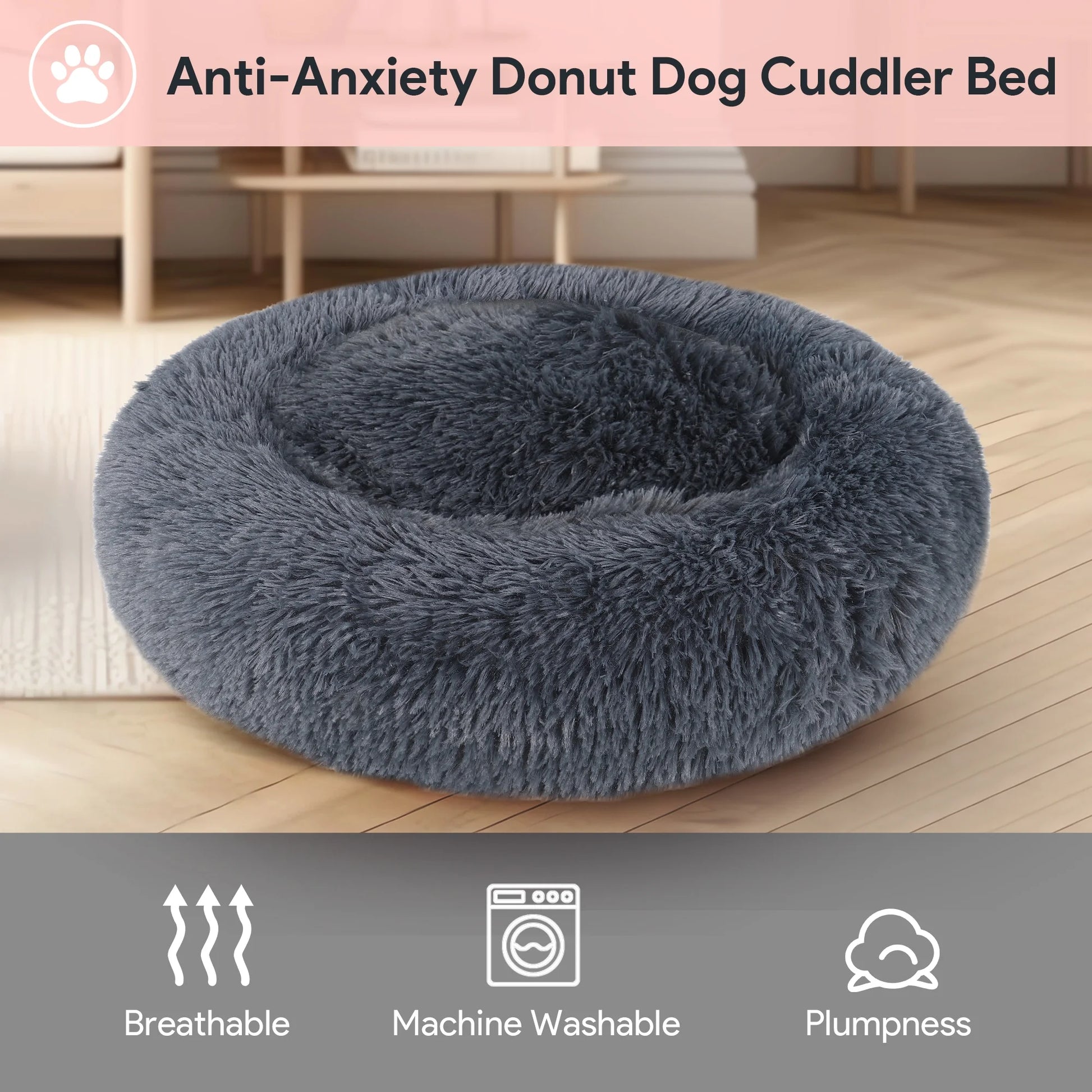24" Calming Dog Bed for Medium Small Dogs, Donut Plush Pet Bed, Anti-Anxiety Cuddler Cozy Soft Cat Bed